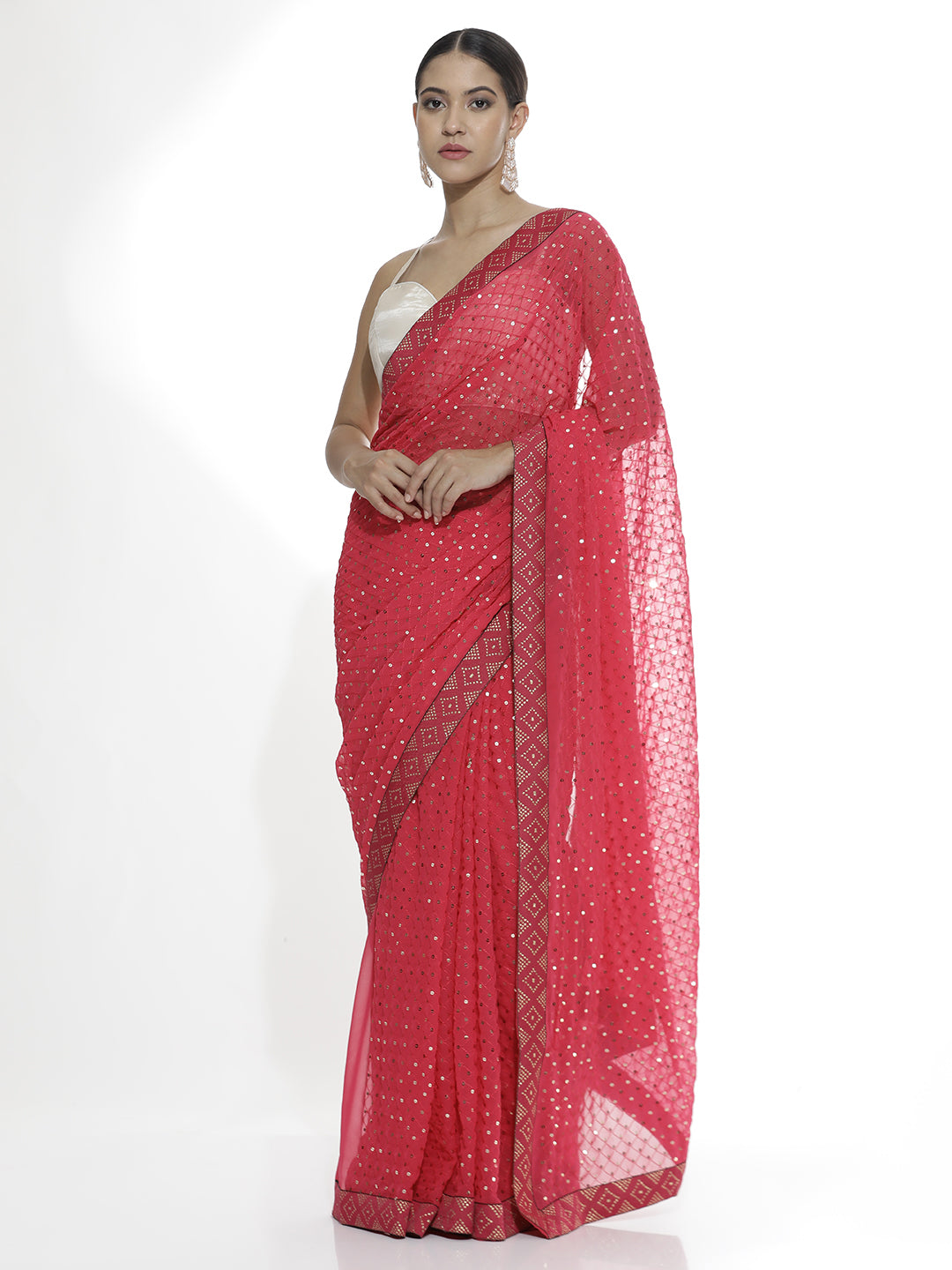 Party Wear Sequin Work Georgette Pink Saree