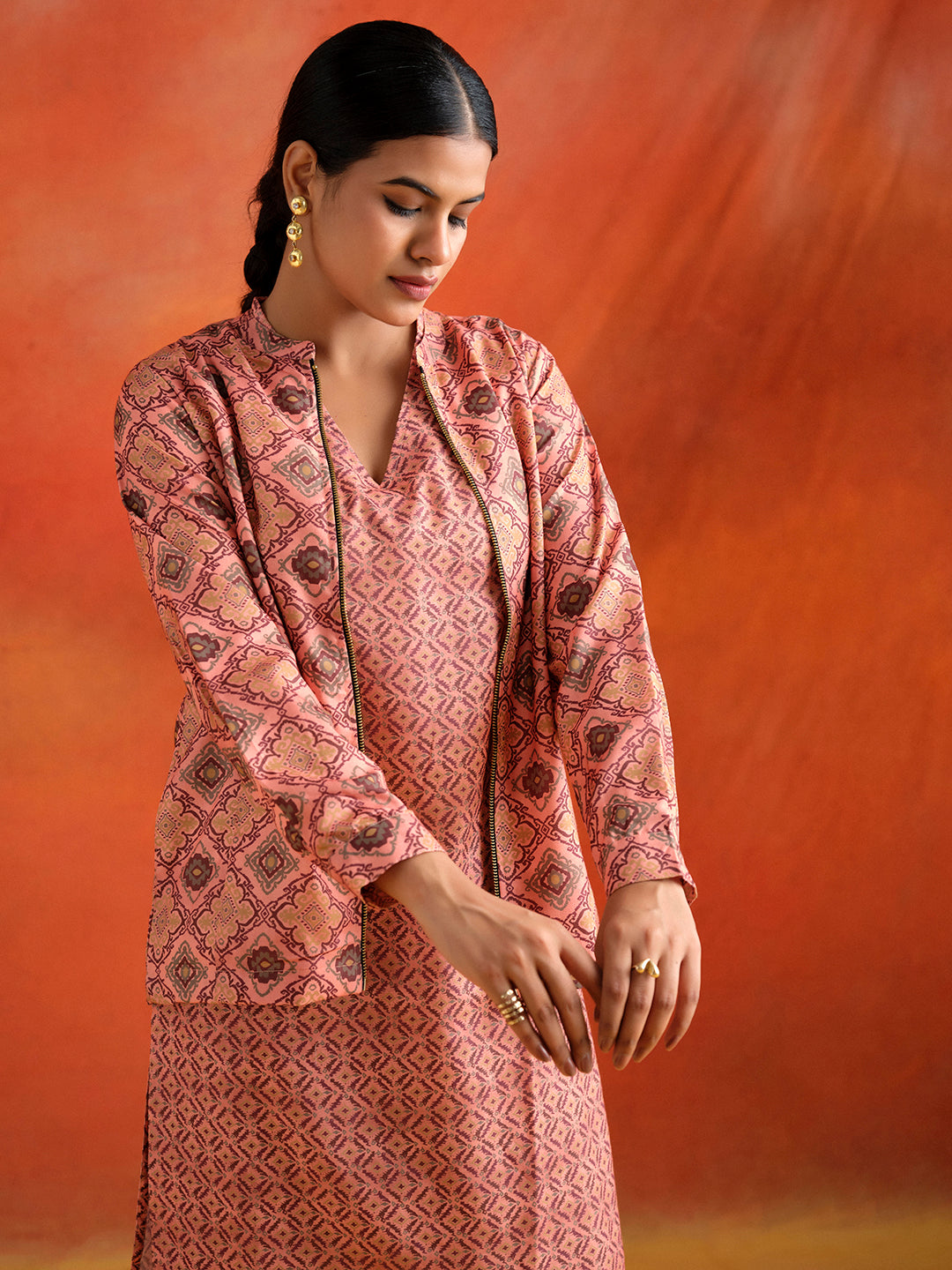 Dusty Peach Geometric Printed Kurta Set With Jacket Co-ord Set