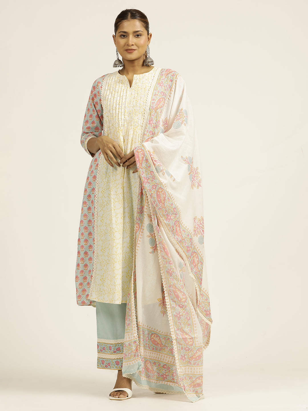 Ethnic Printed Cotton Pastel Suit Set