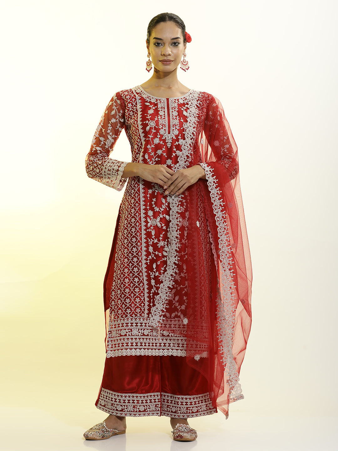 Heavy Embroidered Net Kurta Set With Dupatta