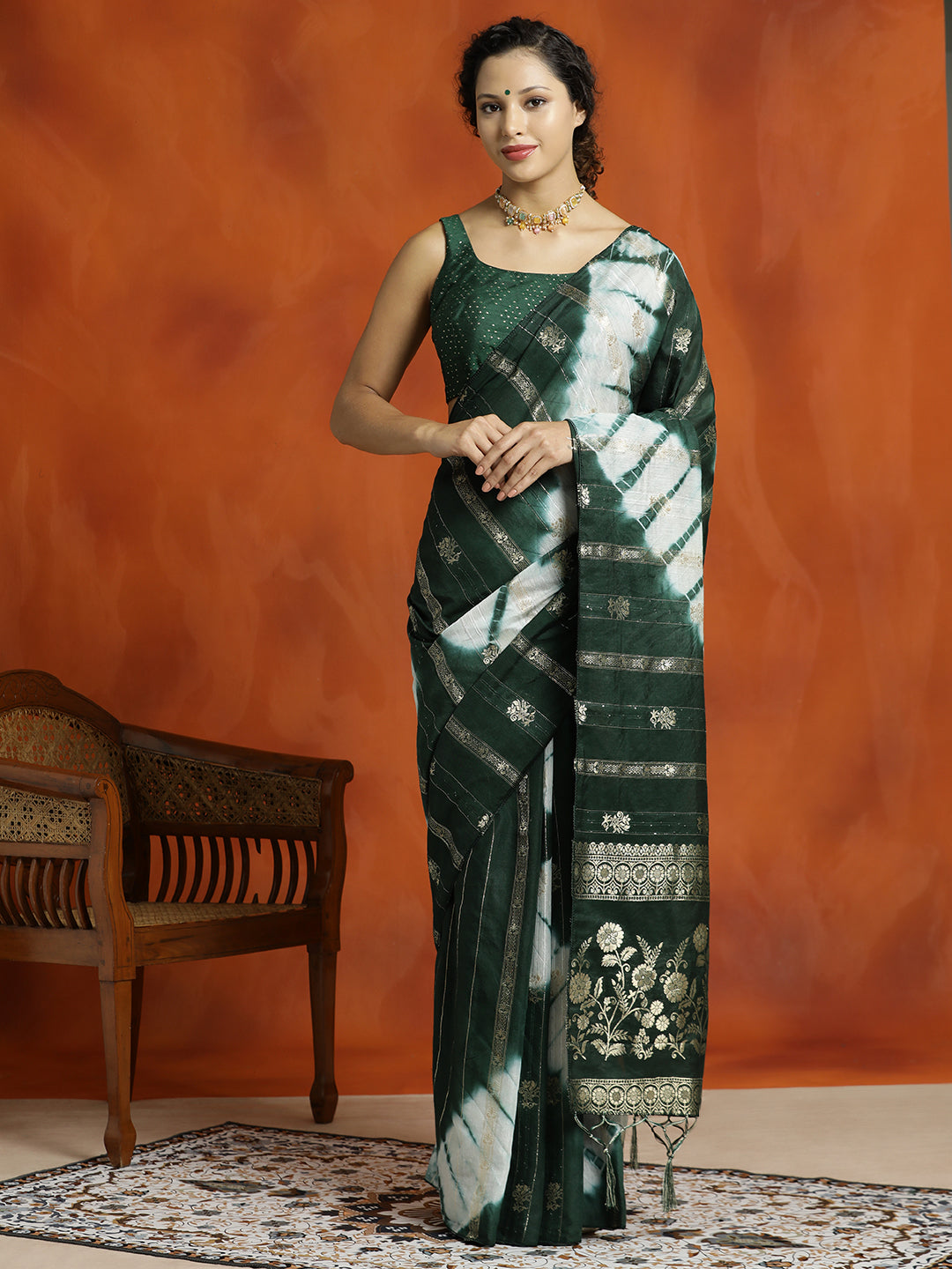 Green Banarasi Cotton Blend Tie-Dye Saree