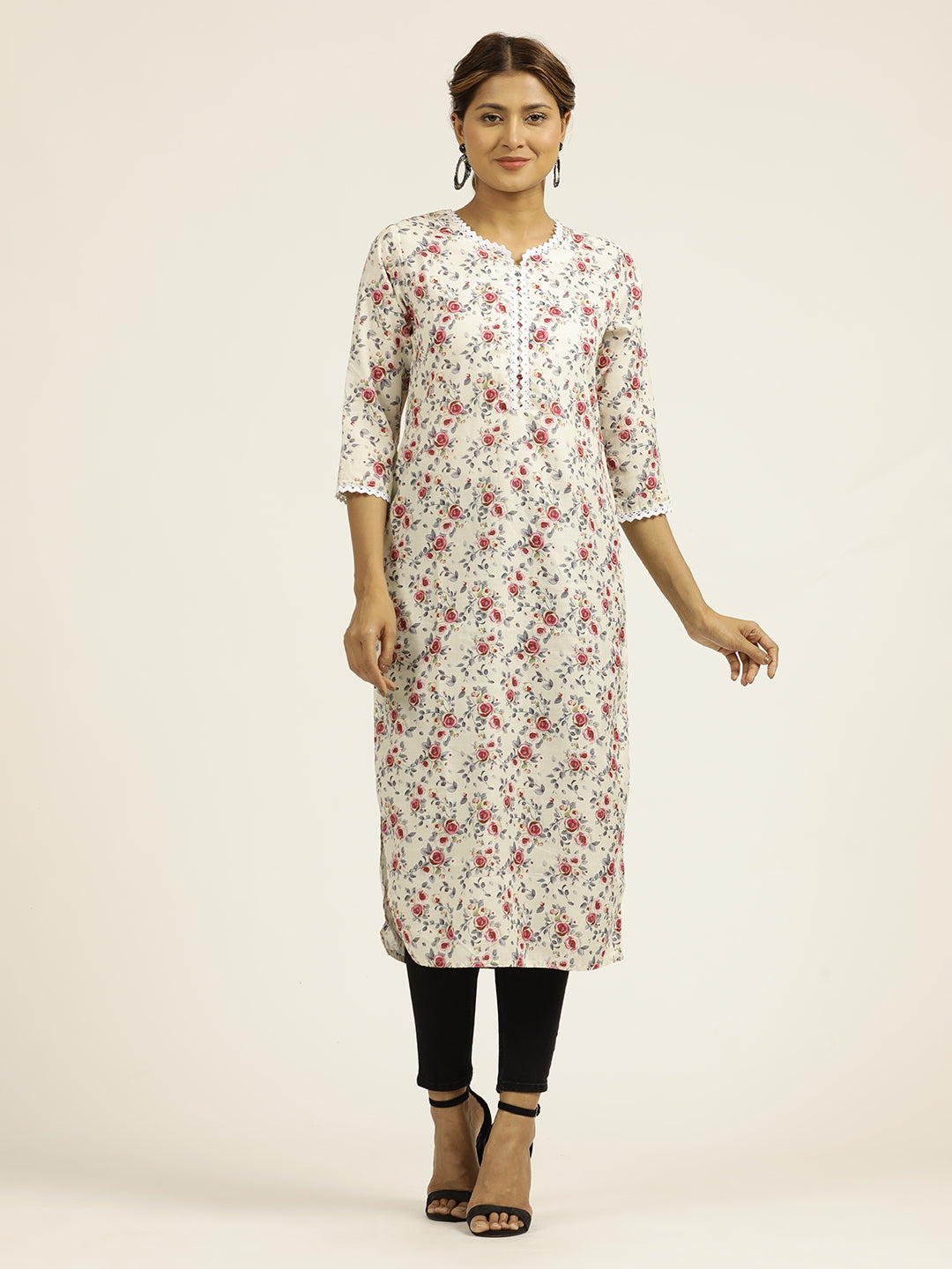 Light Yellow Floral Printed Straight Kurta