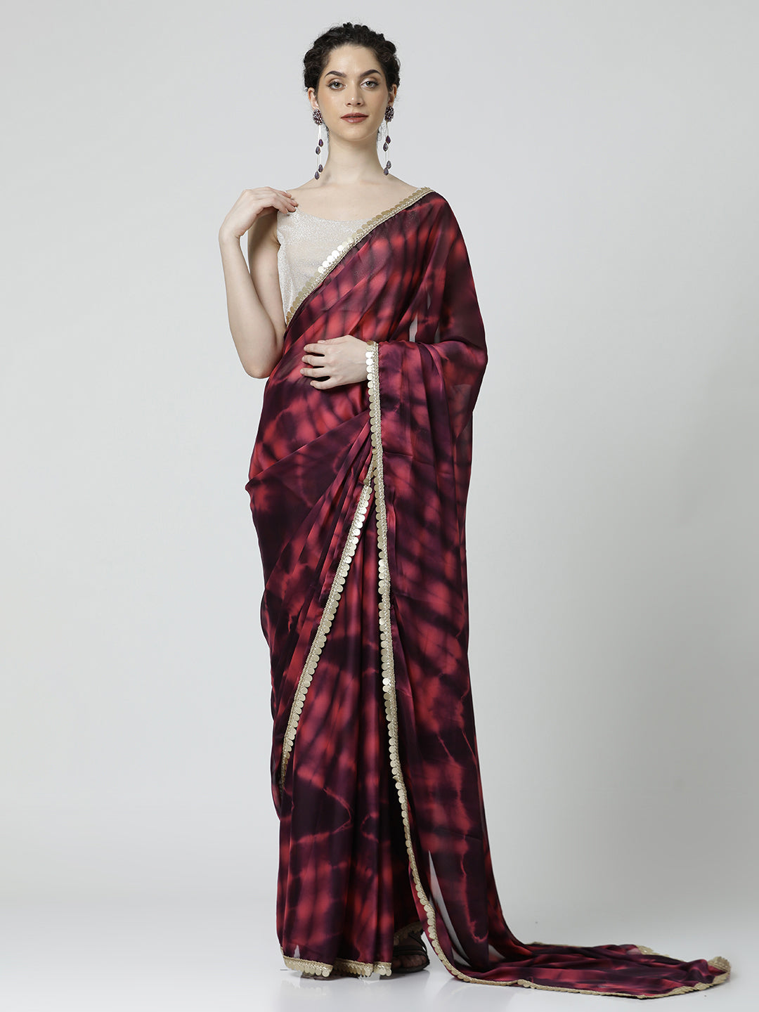 Maroon Embellished Satin Tie-Dye Saree