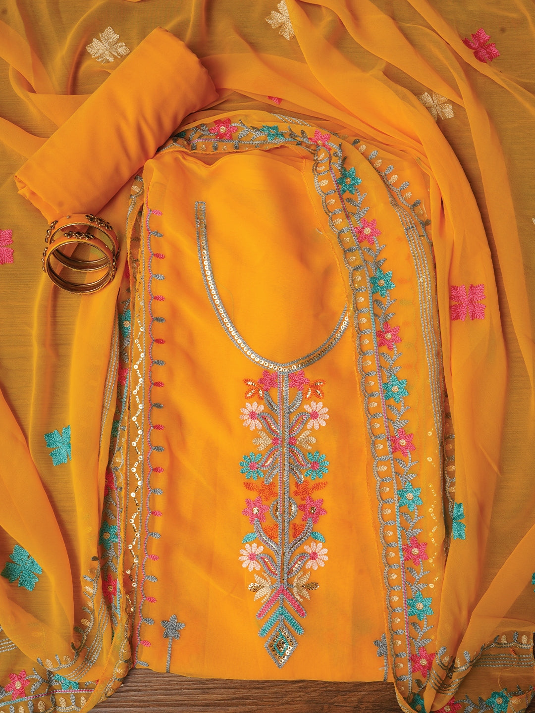 Yellow Sequin Embroidered Silk Georgette Dress Material with Dupatta