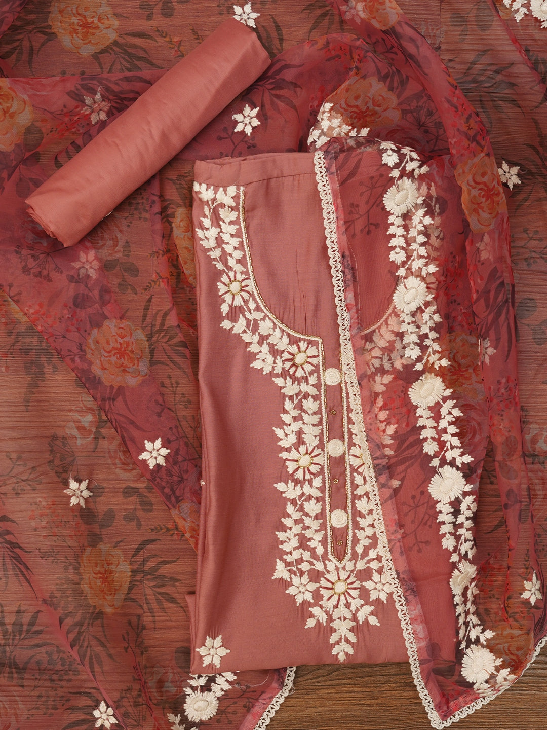 Pink Pure Silk Lucknowi Embroidered Dress Material with Dupatta