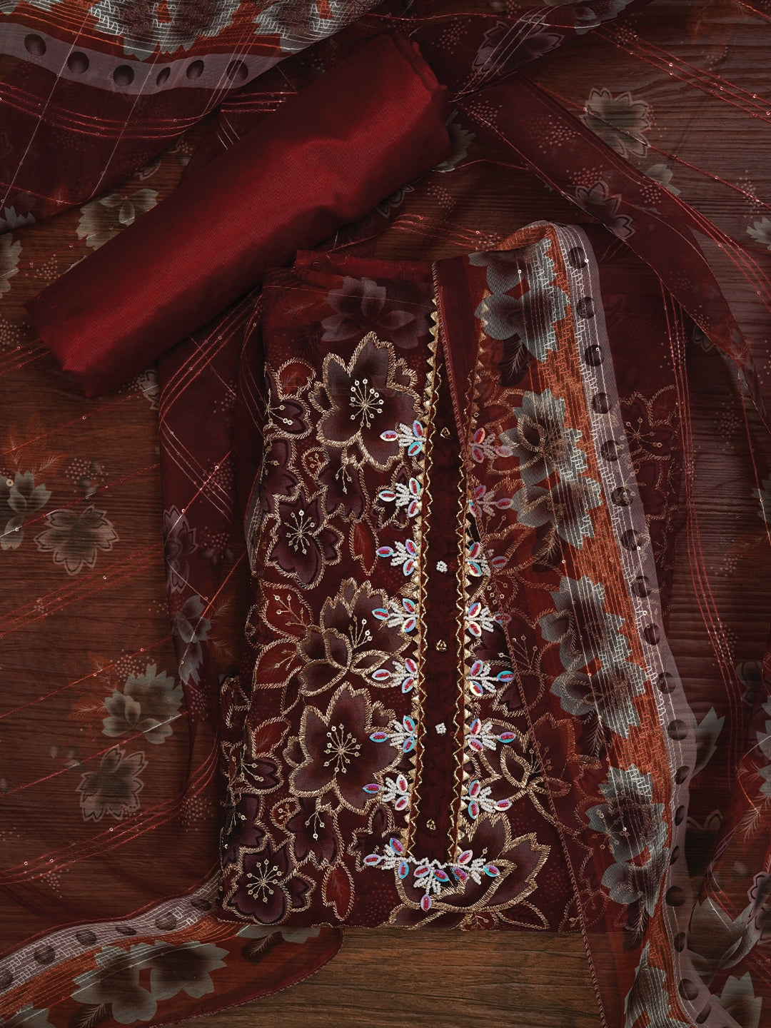 Maroon Unstitched Embellished Organza Dress Material With Dupatta