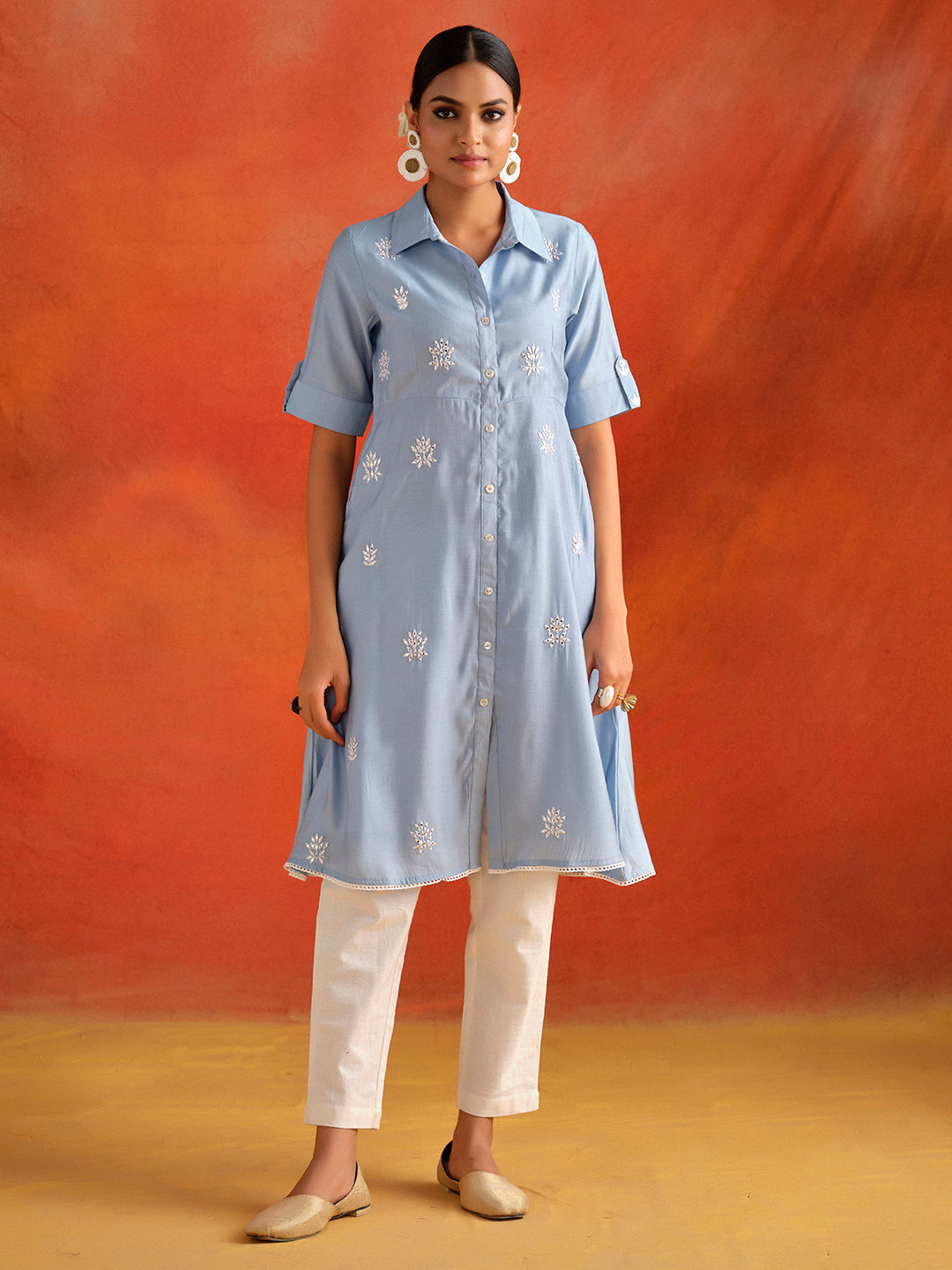 Blue Mirror Work Viscose Chanderi A-line Kurta