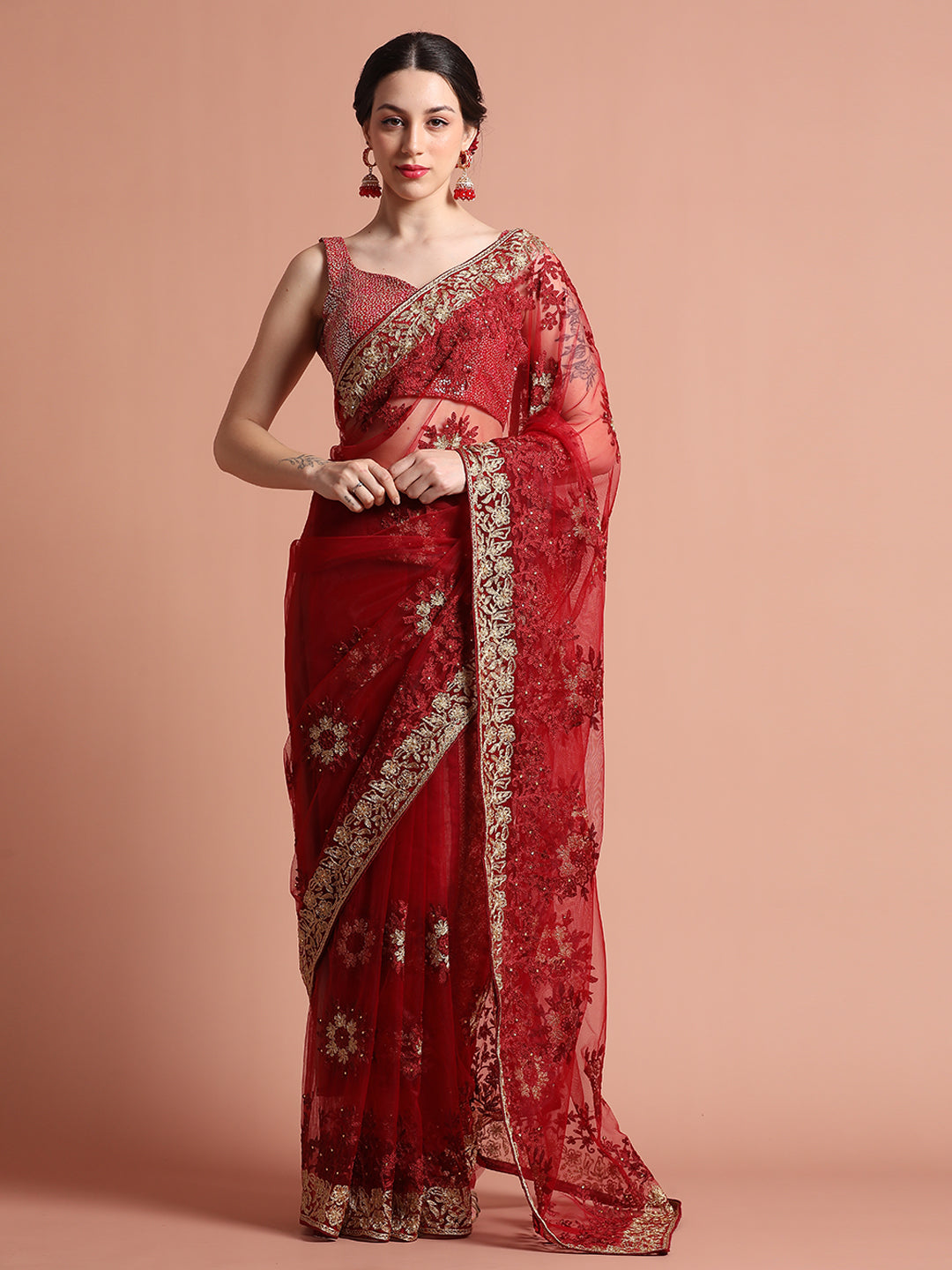 Maroon Floral Embroidered Net Party Wear Saree