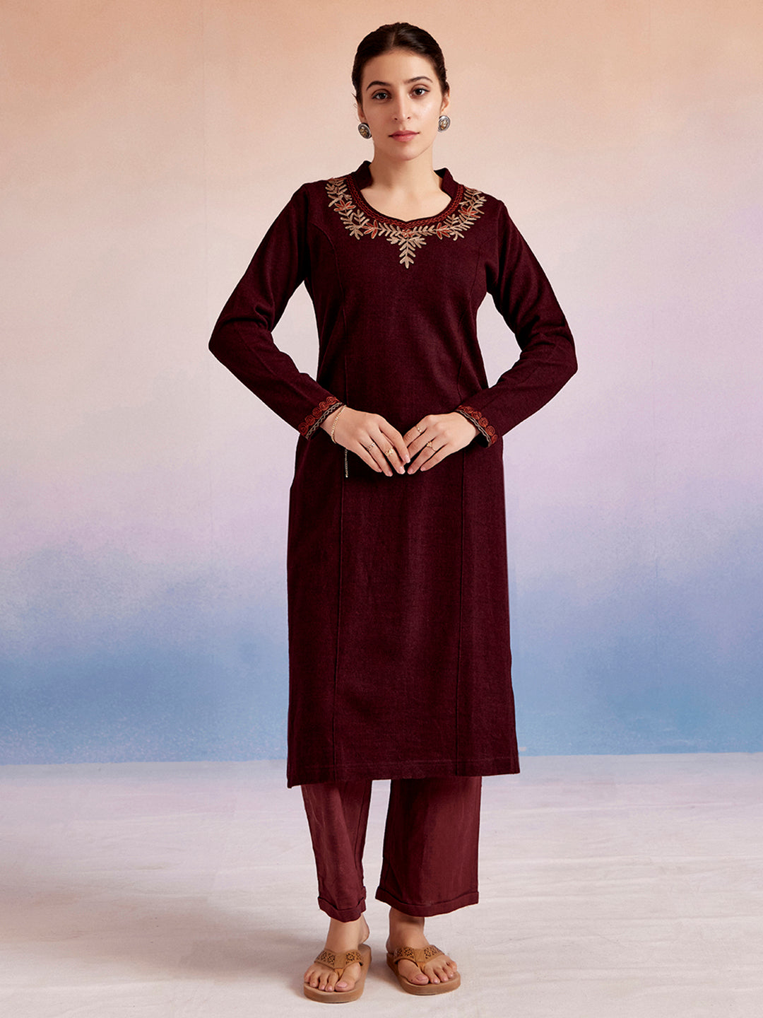 Maroon Embroidered Woolen Straight Kurta