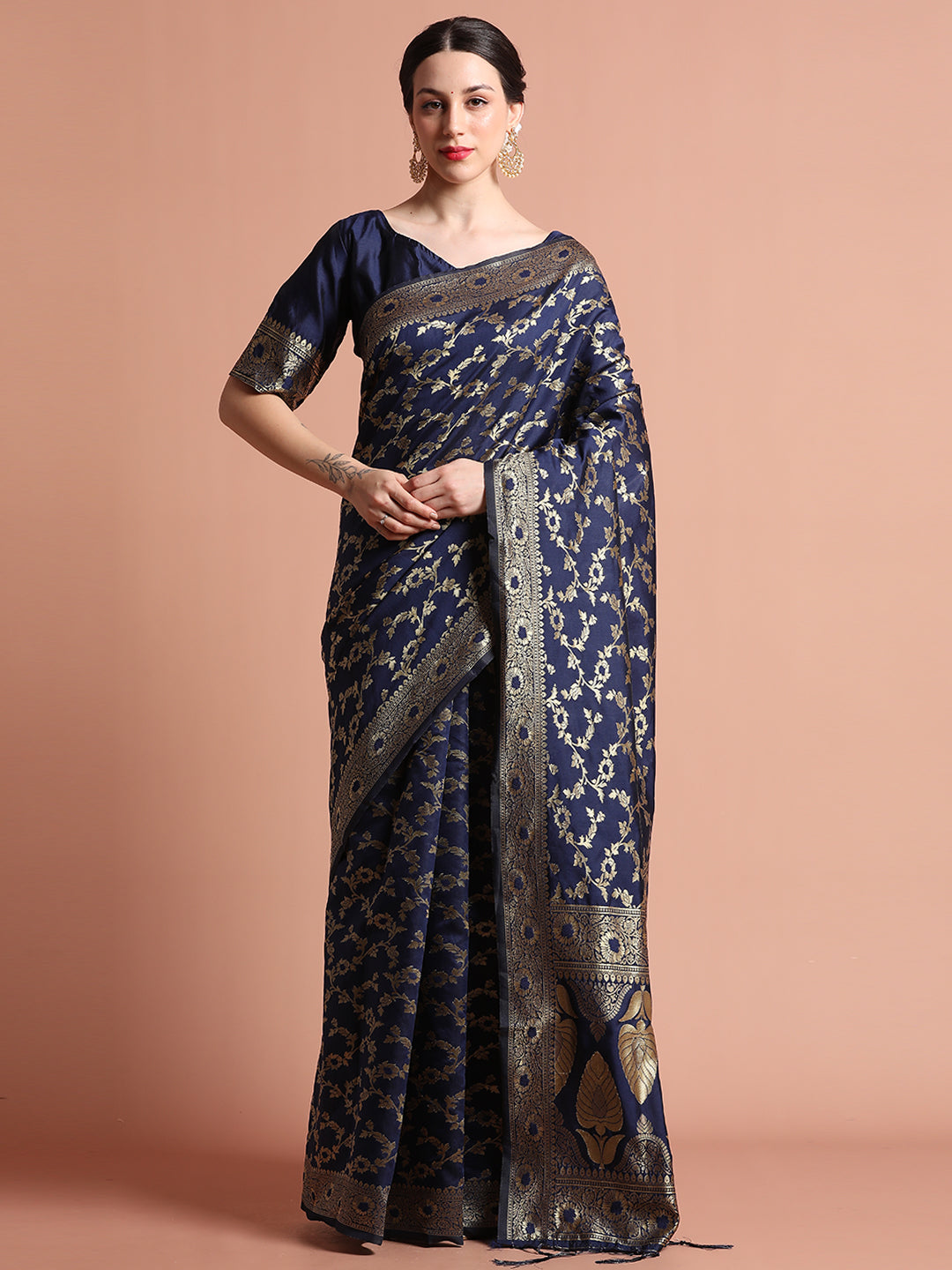 Navy Blue Zari Woven Design Banarasi Saree