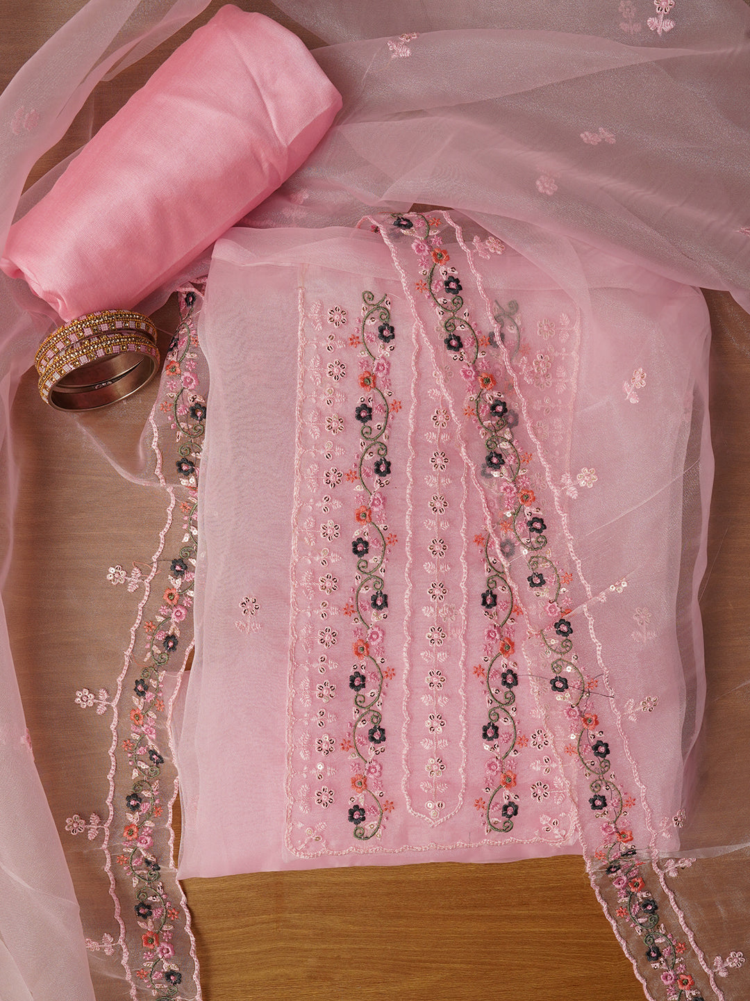 Unstitched Embroidered Organza Baby Pink Dress Material With Dupatta