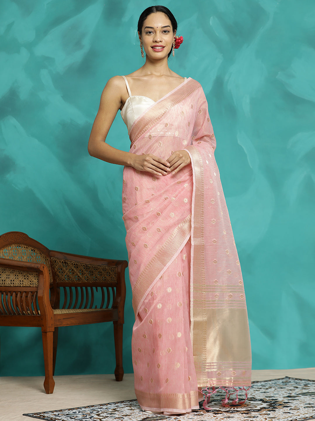 Party Wear Banarasi Organza Pink Saree