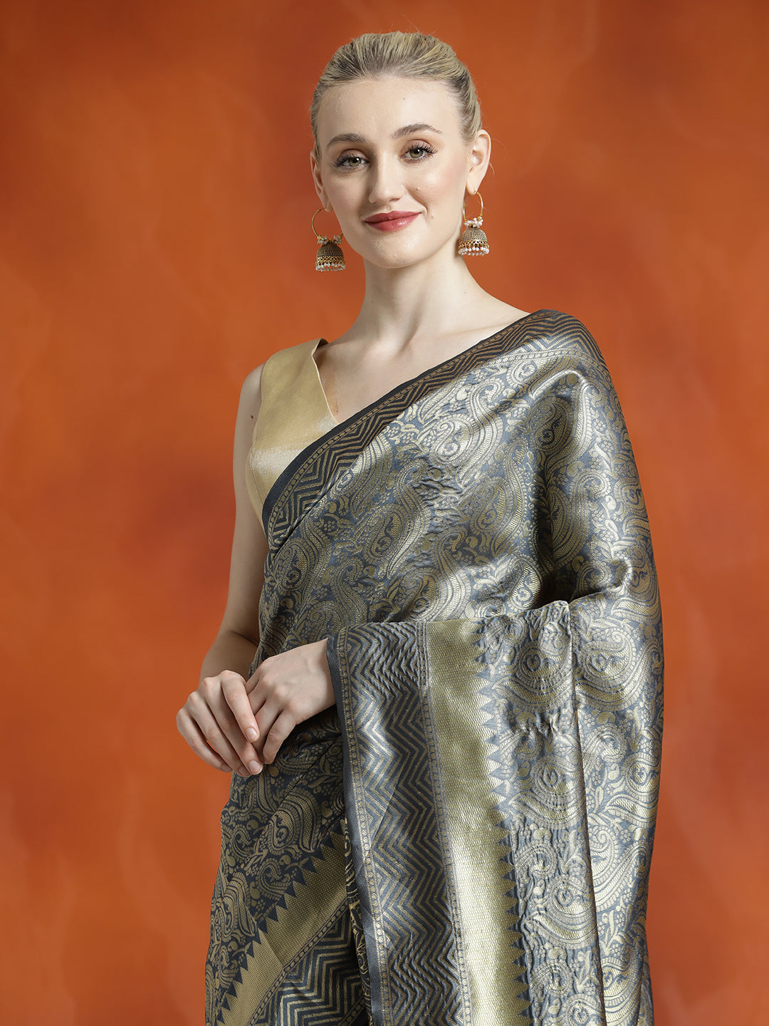 Heavy Banarasi Zari Woven Silk Blend Grey Saree