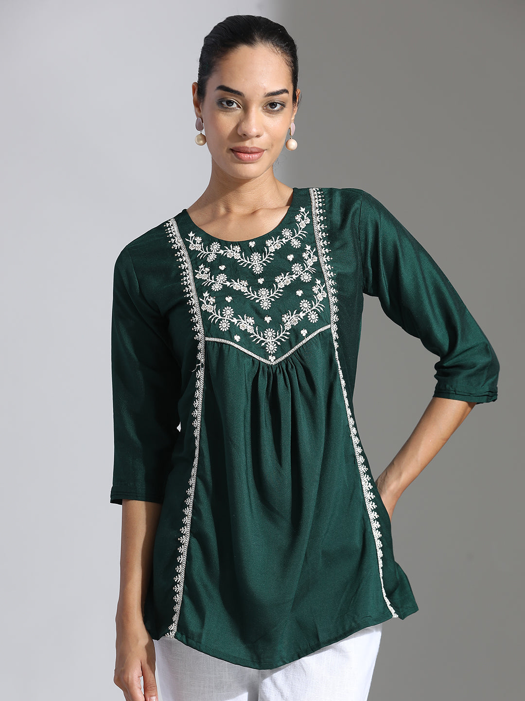 Dark Green Embroidered Party Wear Gathered Top