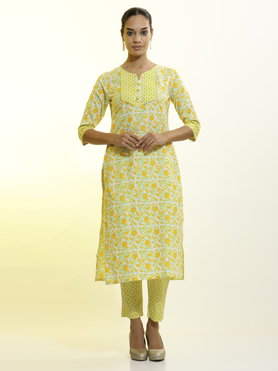 Floral Printed Cotton Blend Yellow Kurta Set