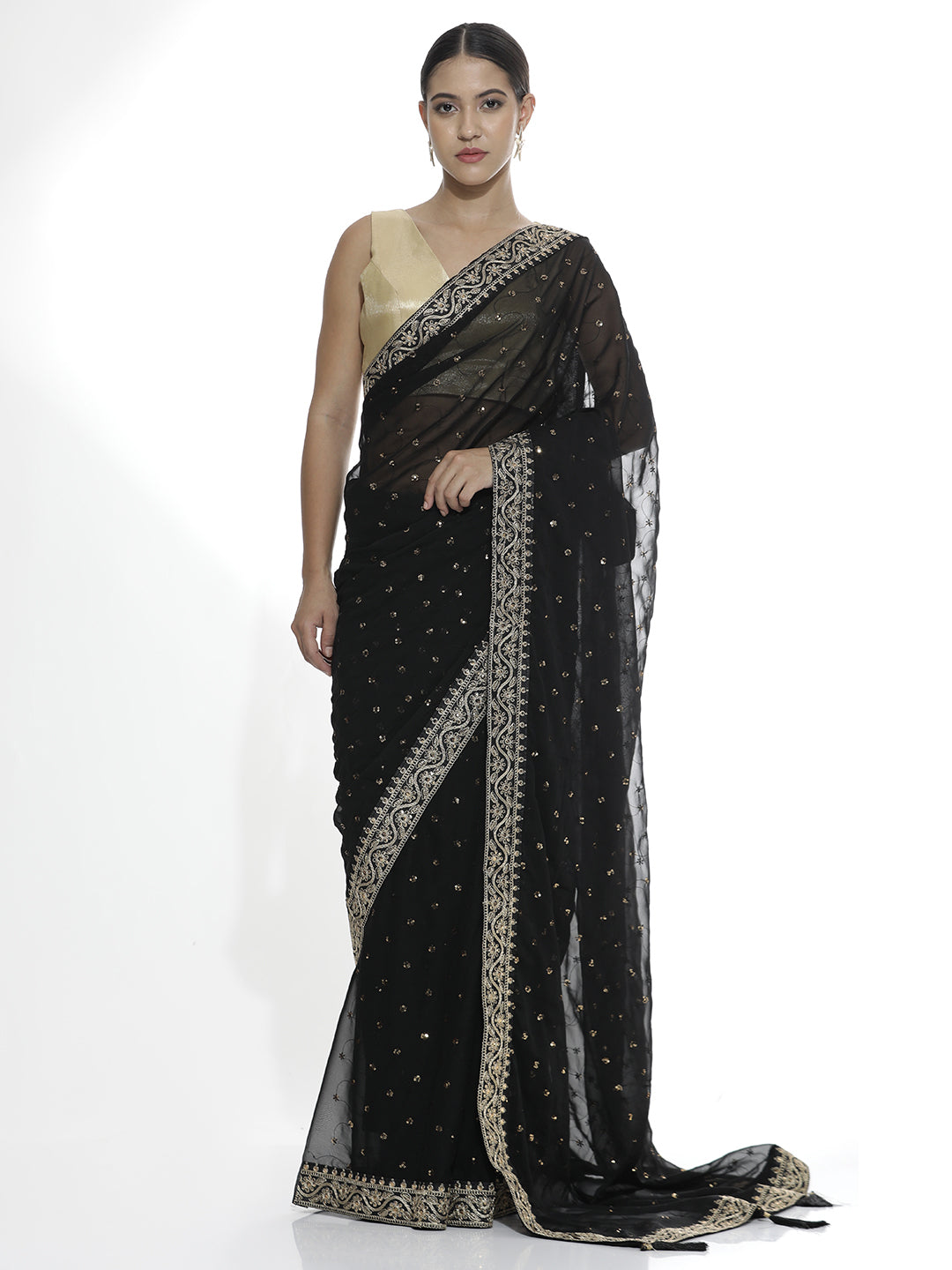 Pure Georgette Sequin Black Saree With Belt