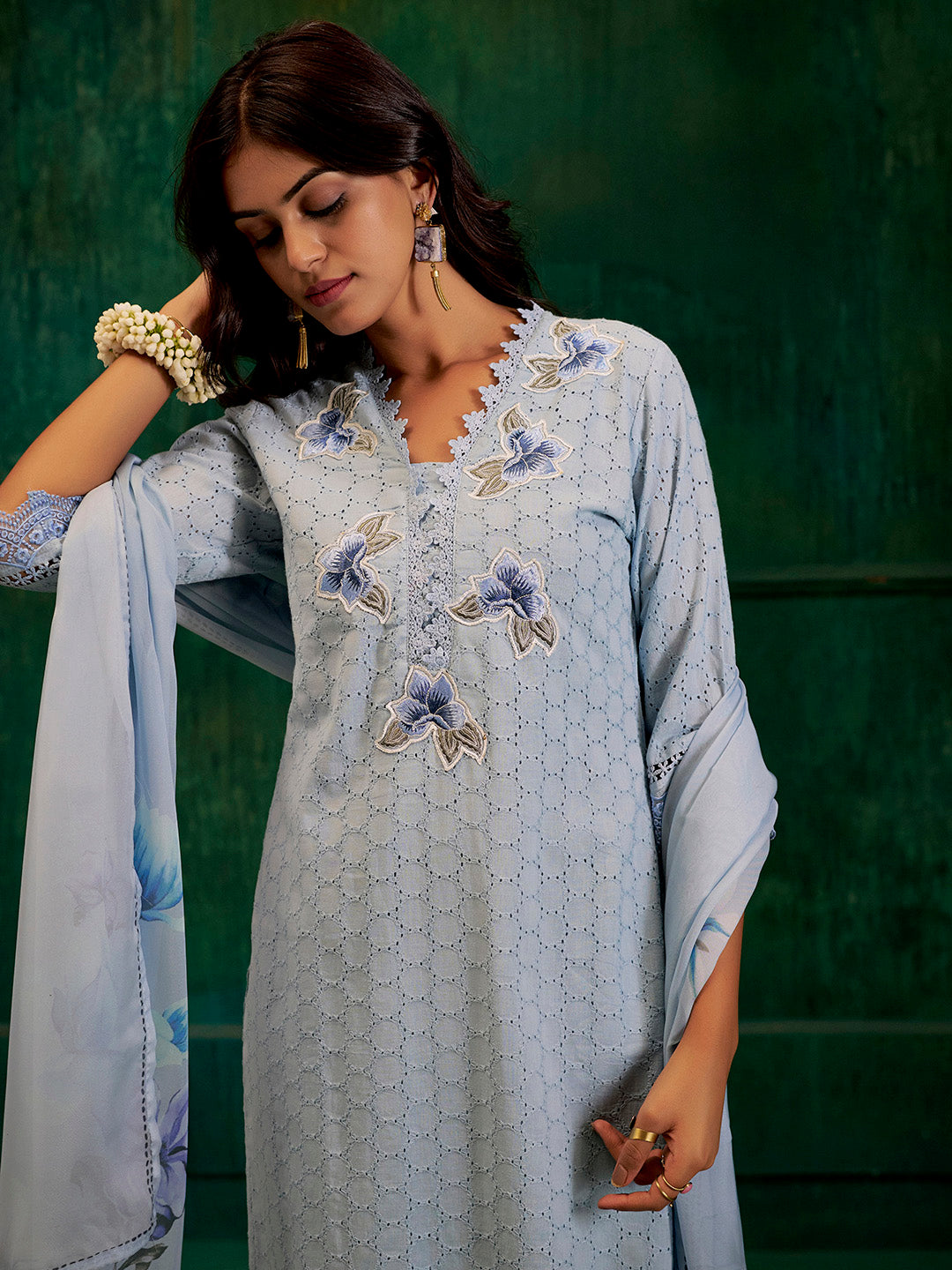 Blue Embroidered Cotton Schiffli Kurta Set With Dupatta