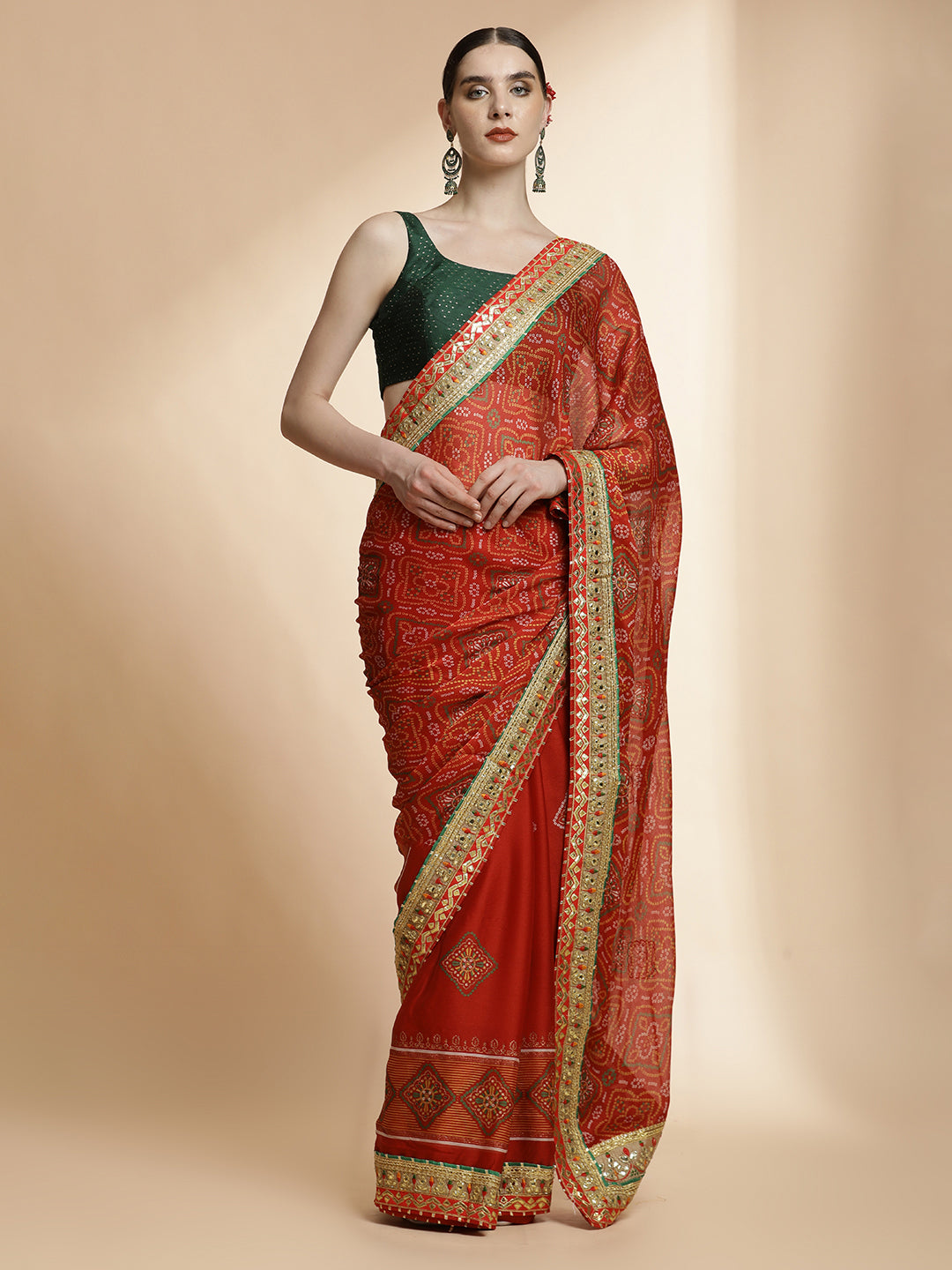 Red Traditional Embroidered Bandhani Pure Georgette Saree