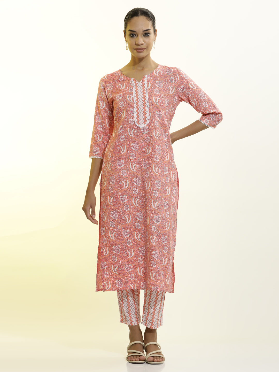 Peach Floral Printed Cotton Blend Kurta Set