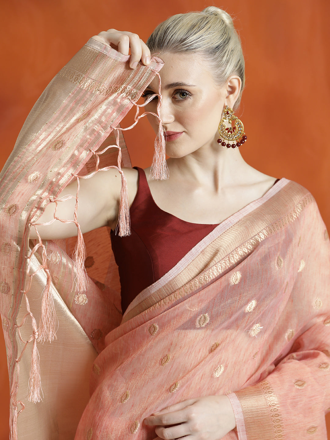 Peach Zari Woven Banarasi Organza Saree