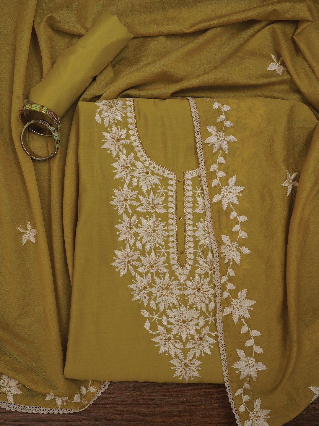 Lime Unstitched Festive Embroidered Dress Material with Dupatta