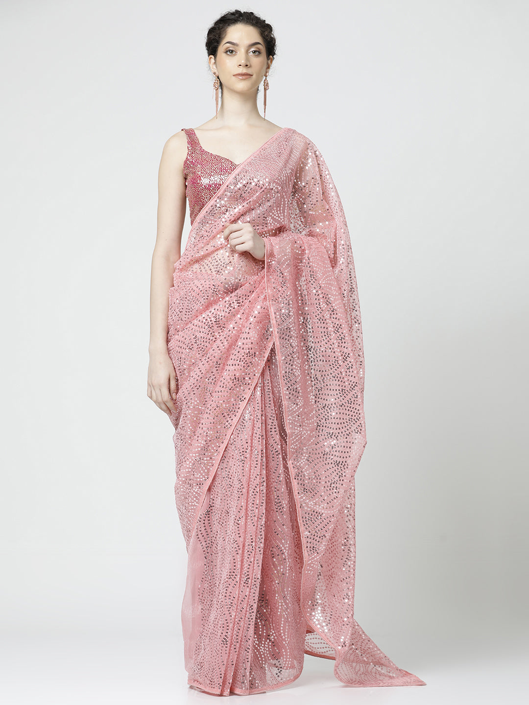 Pink Sequin Embellished Georgette Saree