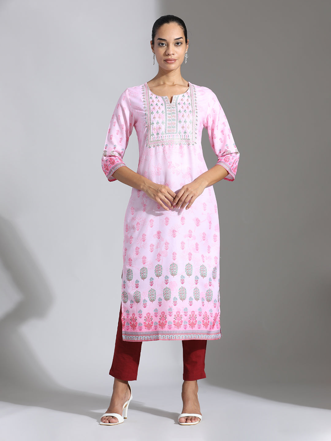 Pink Printed Poly Rayon Straight Kurta