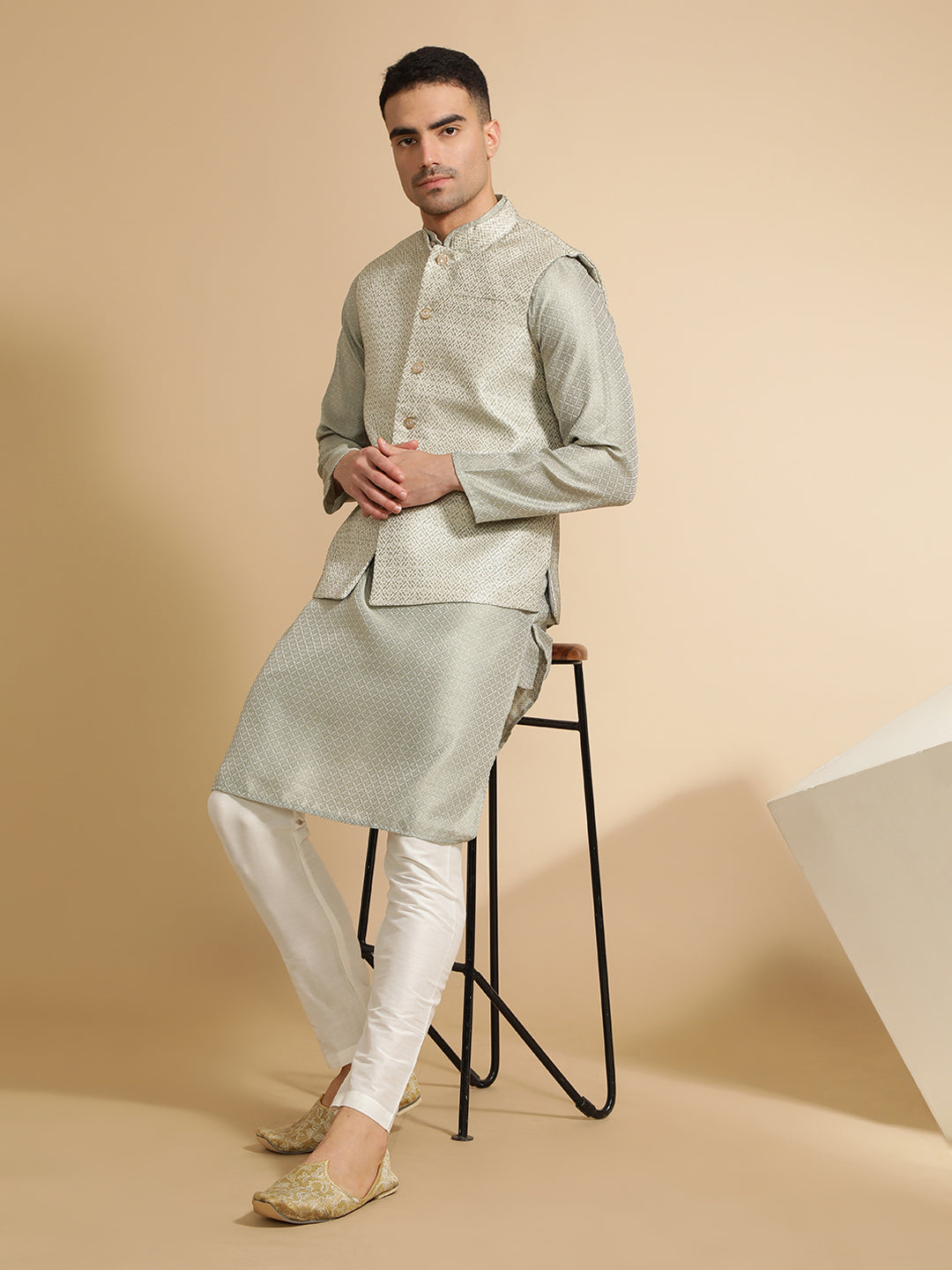 Light Grey Silk Blend Kurta With Woven Design Nehru Jacket Set