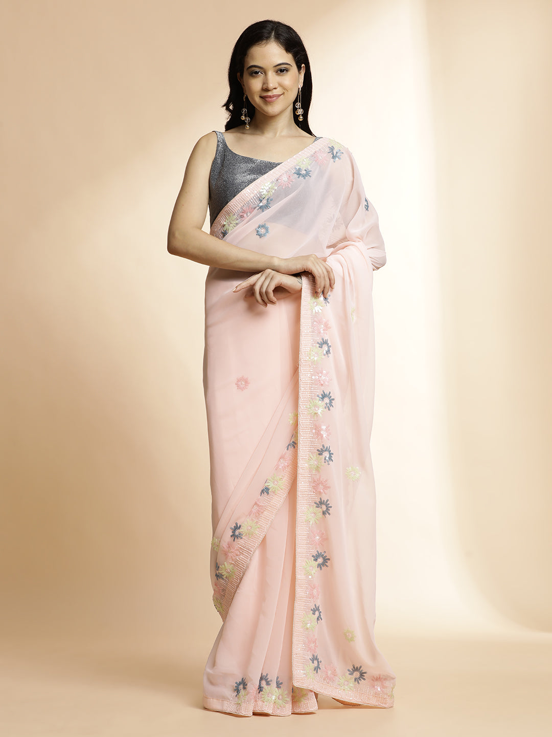 Party Wear Sequin Embellished Pink Saree