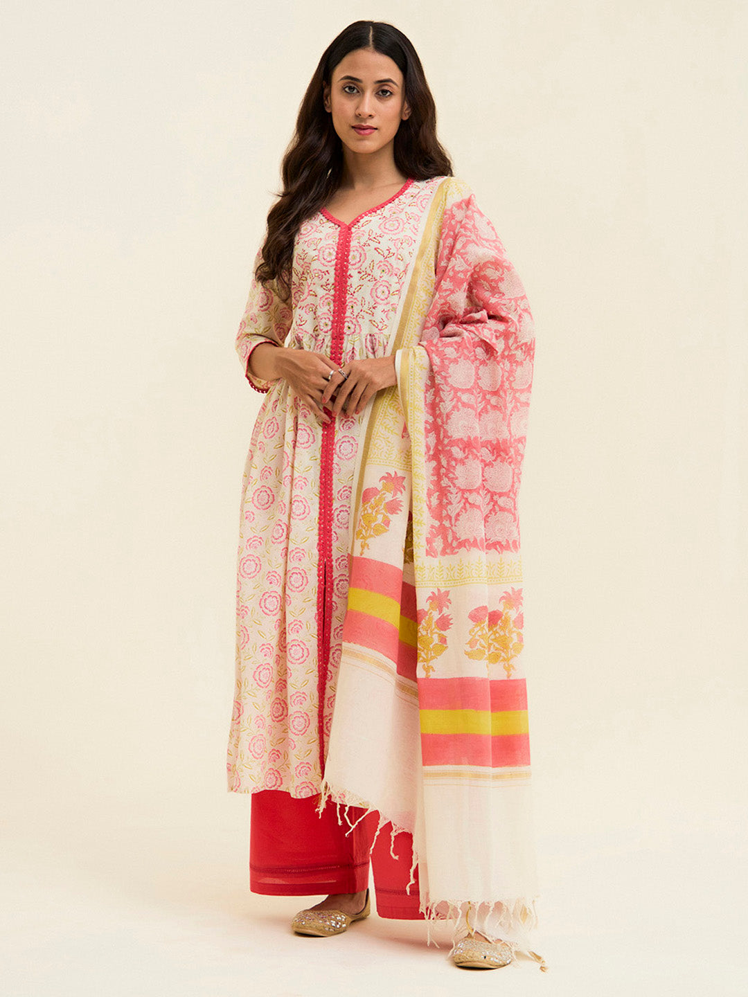 Coral Cotton Handblock Printed Kurta With Palazzo And Dupatta