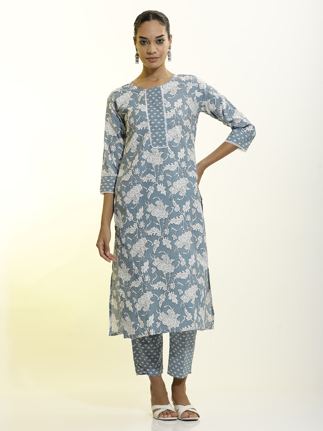 Grey Cotton Printed Straight Kurta Set