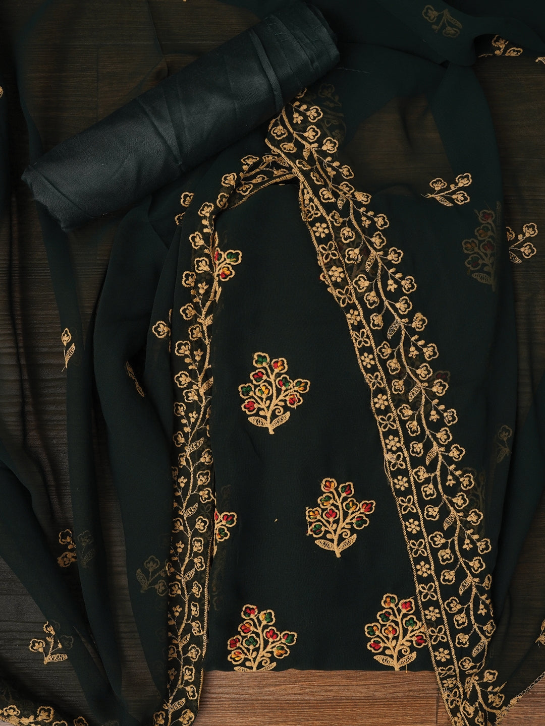 Zari Silk Georgette Green Dress Material with Dupatta