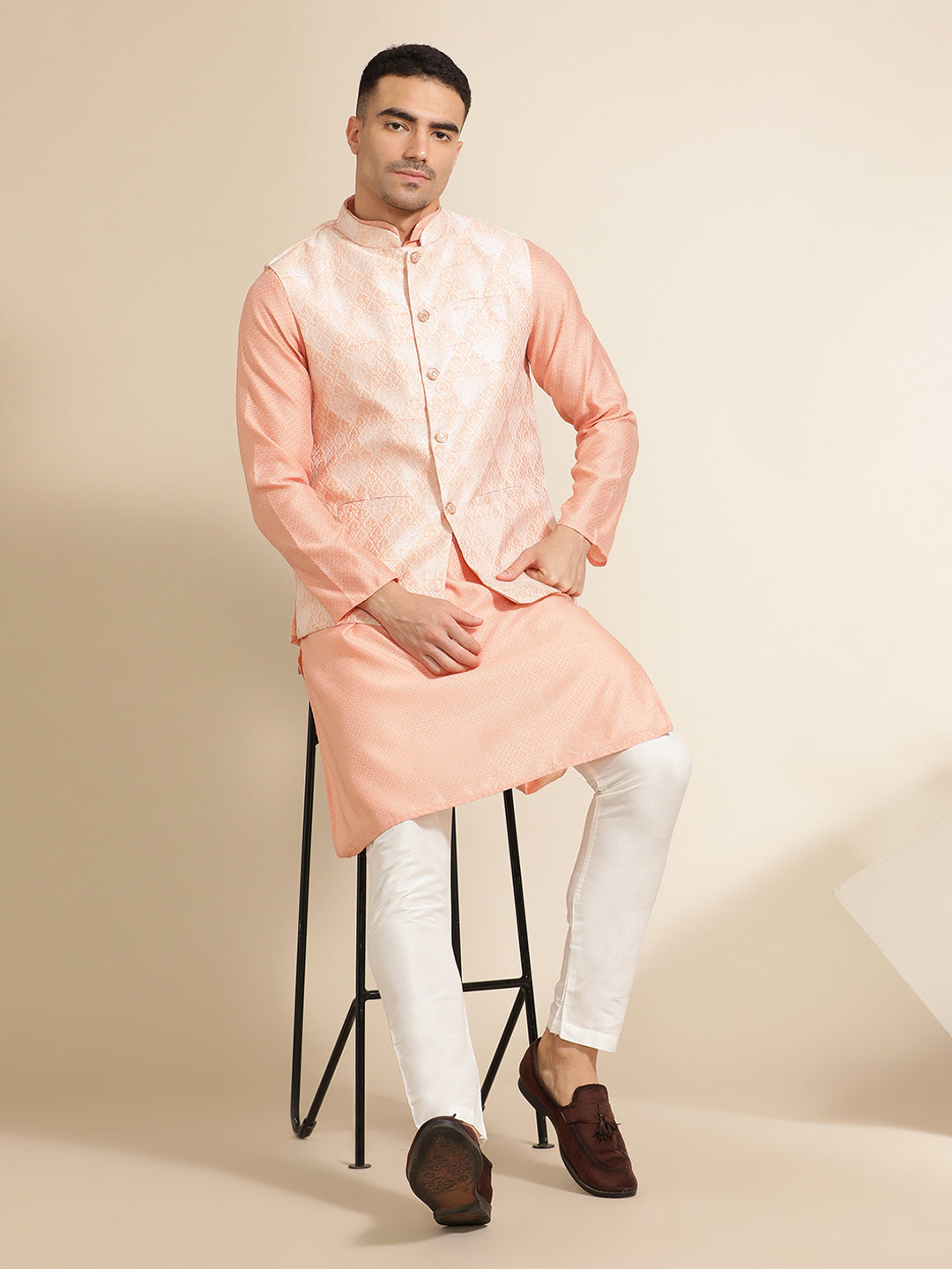 Peach Festive Kurta With Printed Nehru Jacket Set