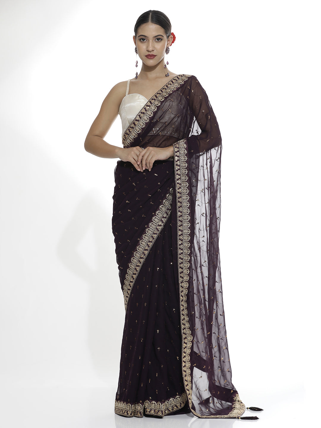 Pure Georgette Sequin Violet Saree With Belt