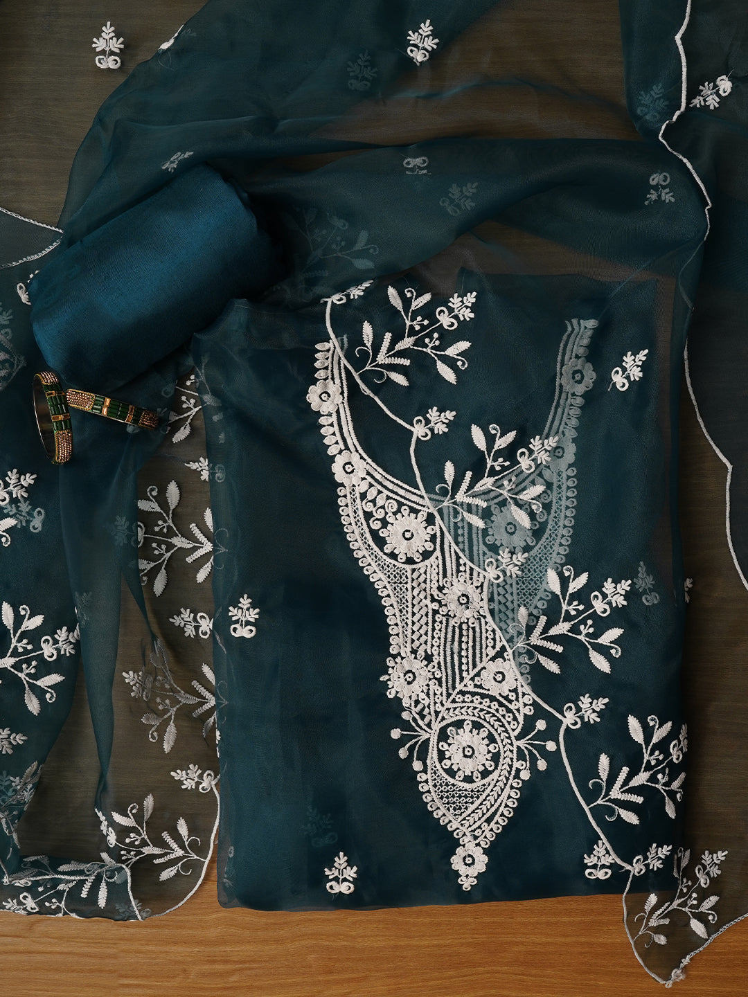 Sea Green Embroidered Organza Dress Material with Dupatta