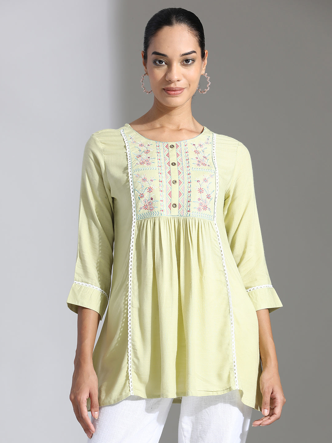 Green Embroidered Rayon Gathered Top