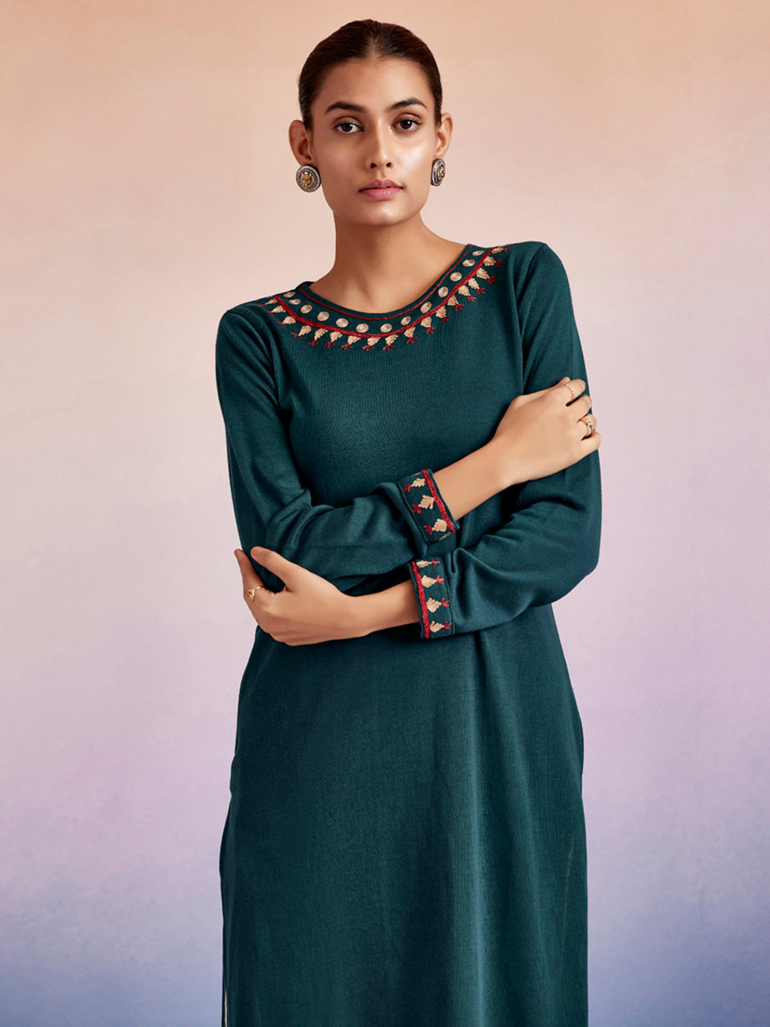 Teal Embroidered Straight Woolen Kurta