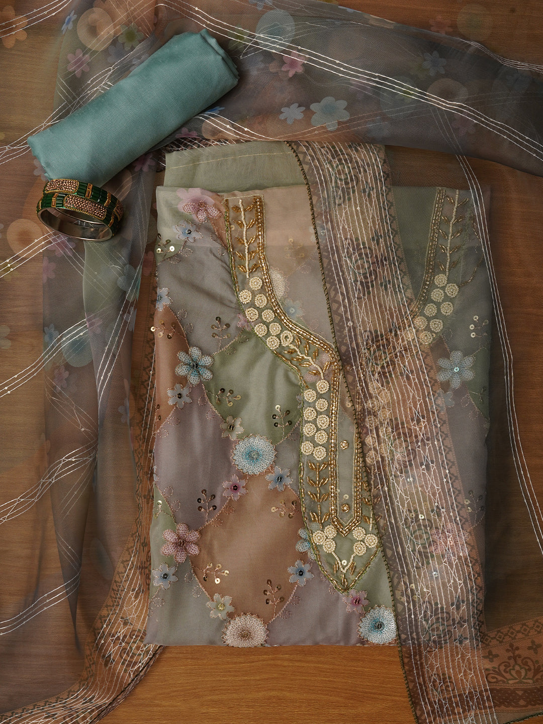 Green Sequin Embellished Organza Dress Material with Dupatta