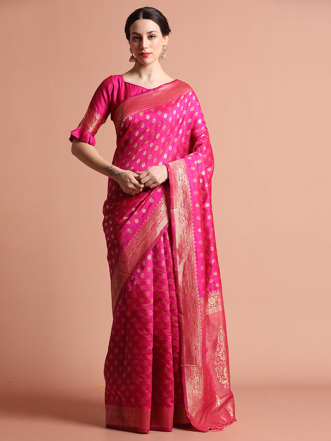 Heavy Banarasi Pink Zari Woven Silk Blend Saree