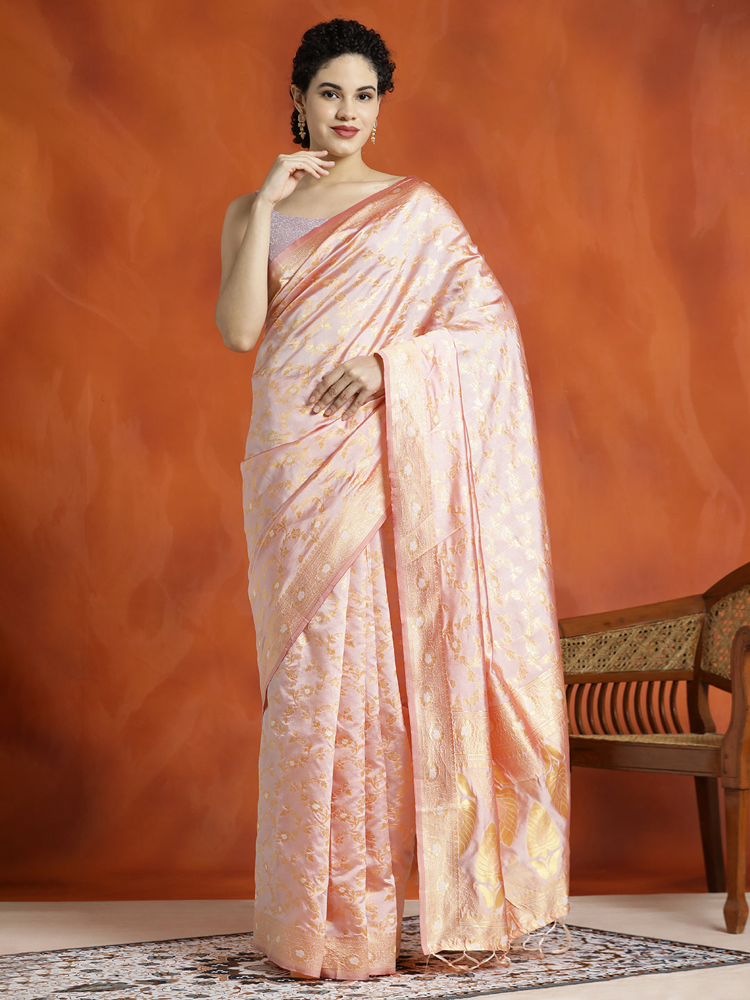 Light Peach Silk Banarasi Zari Woven Heavy Saree