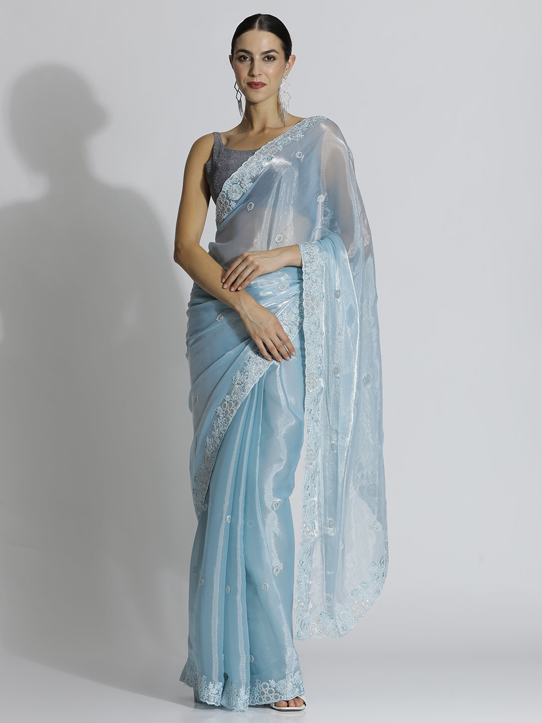 Party Wear Embroidered Tissue Blue Saree