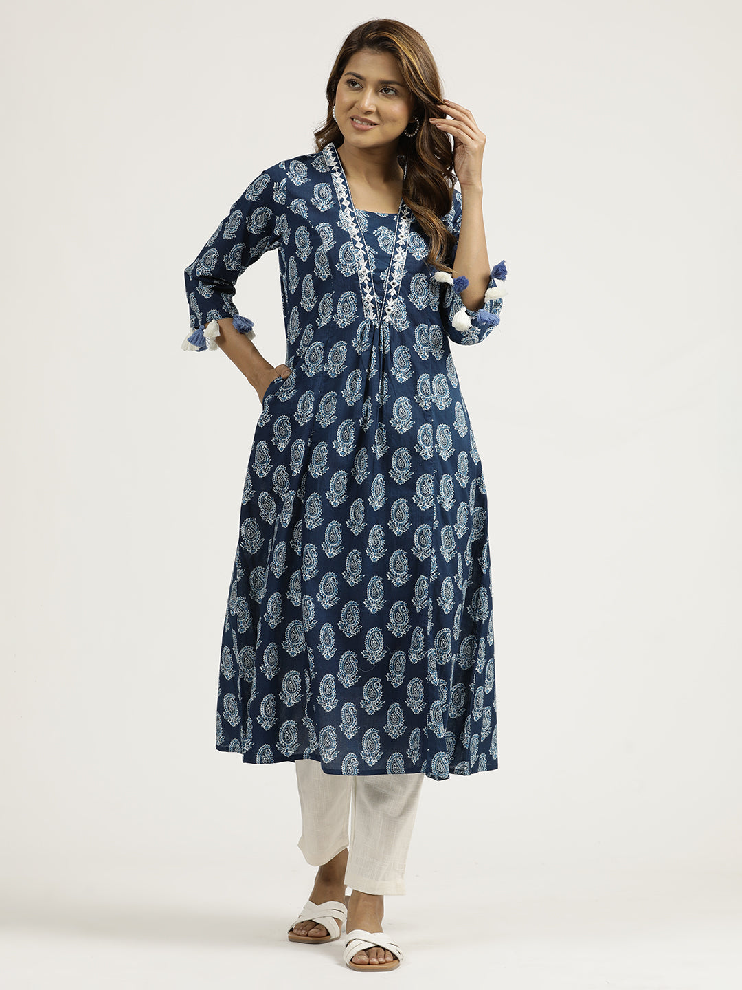 Indigo Blue Paisley Printed Pakistani Kurta