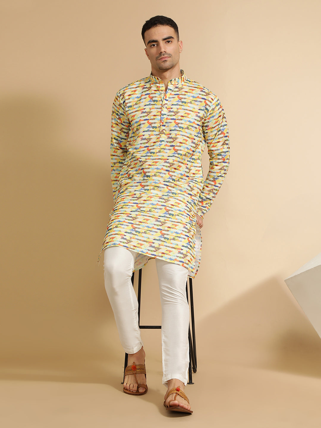 Yellow Abstract Printed Cotton Kurta for Men