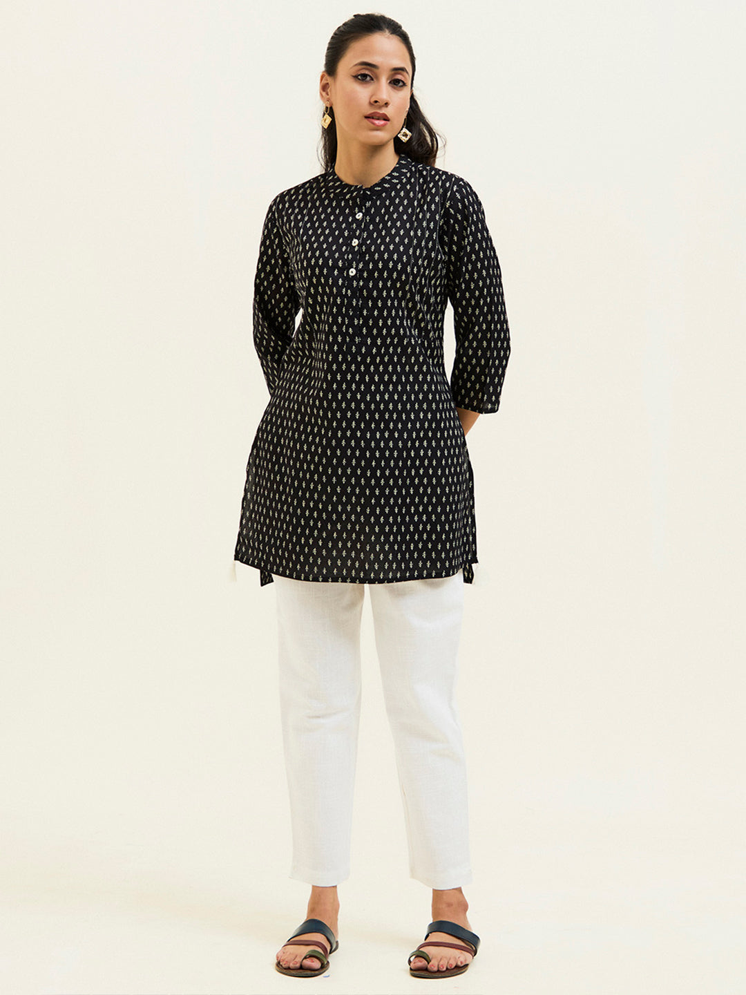 Black Handblock Printed Short Kurta