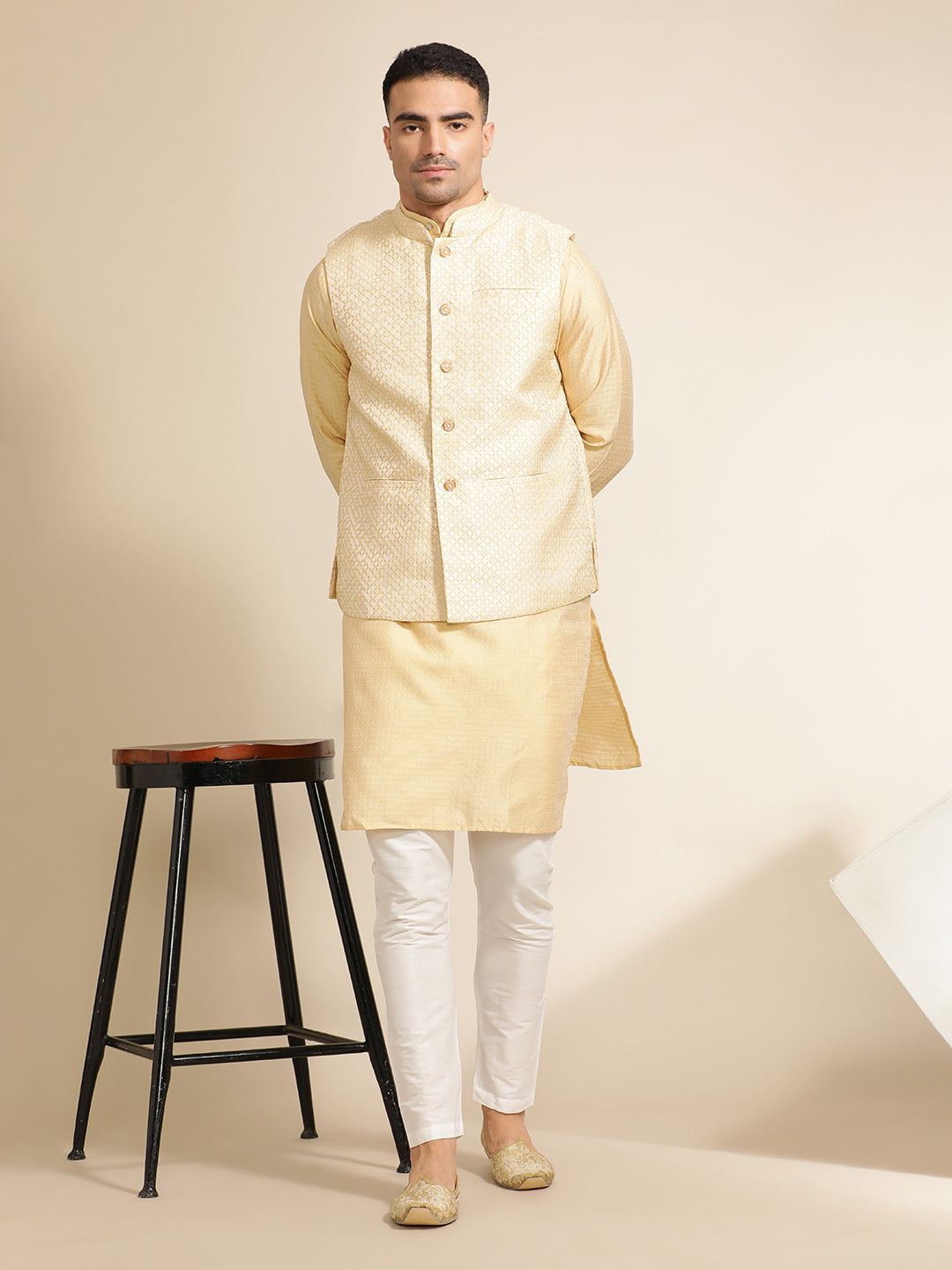 Silk Blend Beige Kurta With Woven Design Nehru Jacket Set