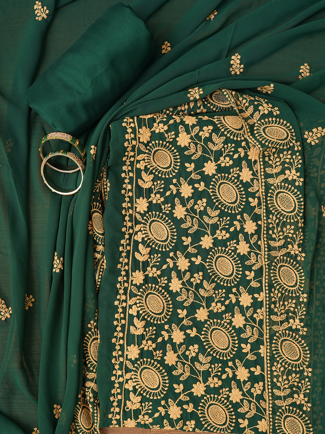 Green Sequin Embroidered Silk Georgette Dress Material with Dupatta