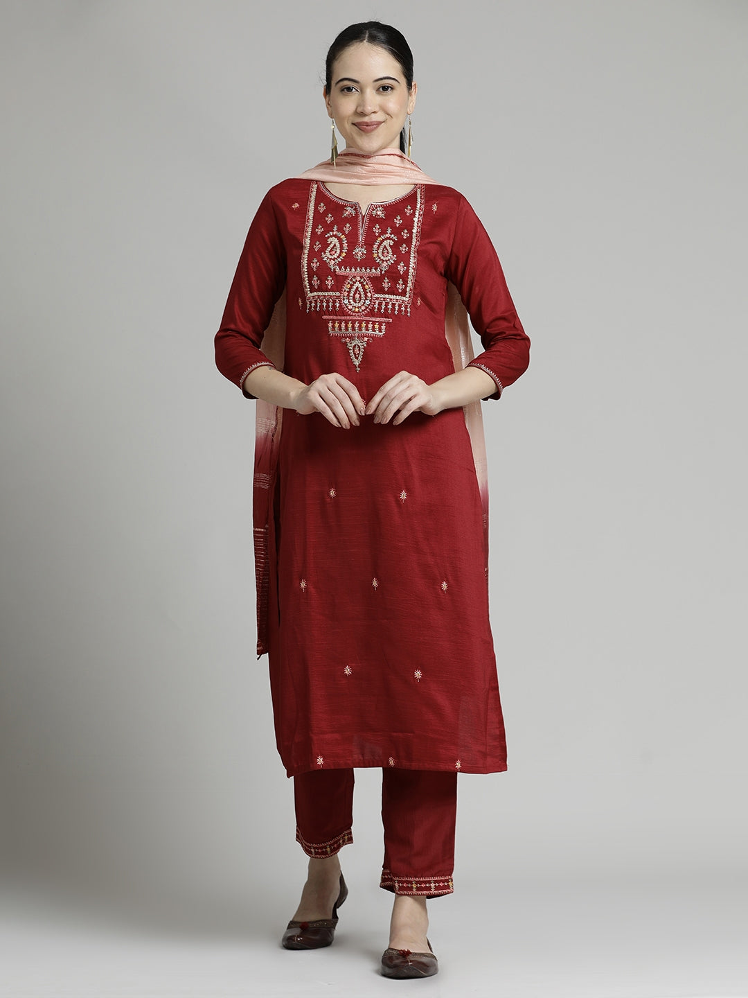 Red Embroidered Chinon Kurta Set With Dupatta