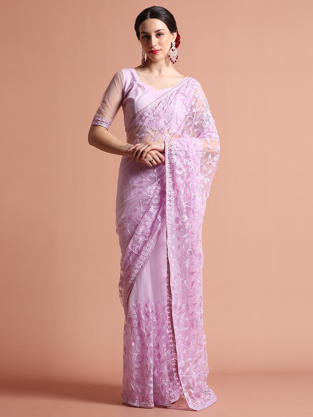 Party Wear Floral Lavender Embroidered Net Saree