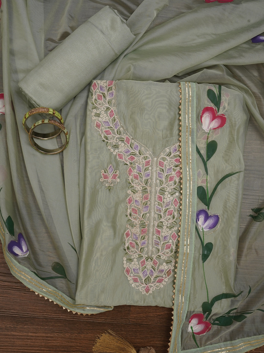 Green Handpainted Embroidered Dress Material with Dupatta