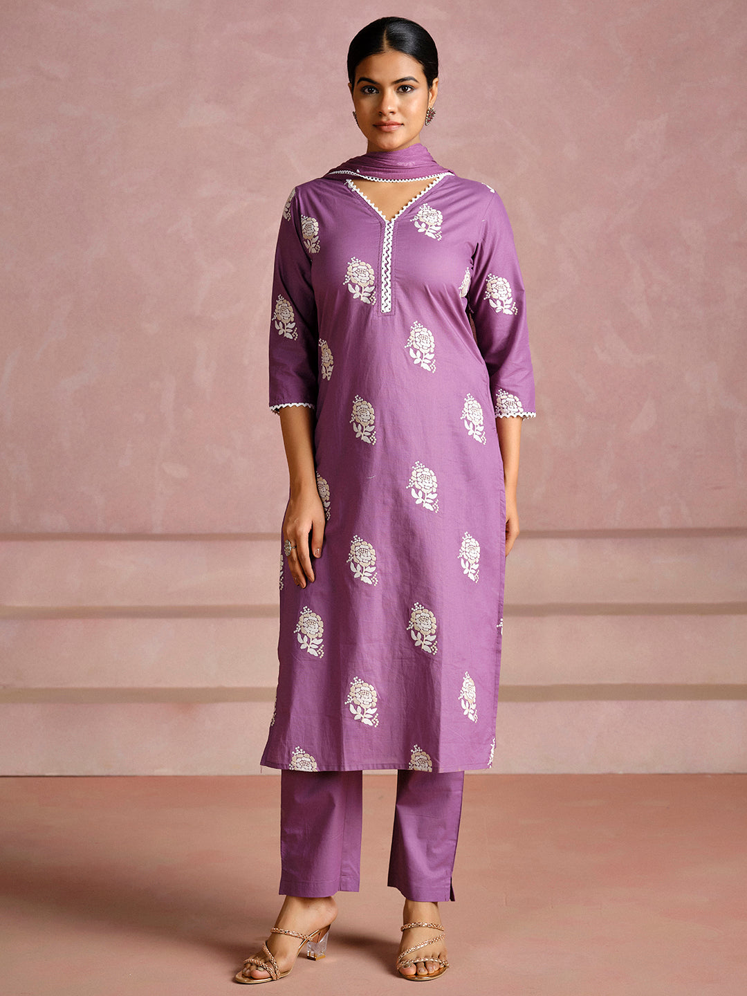 Dusty Purple Thread Embroidered Cotton Kurta Set With Dupatta